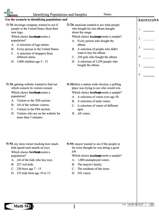 Identifying Populations And Samples Worksheet With Answer Key Printable pdf