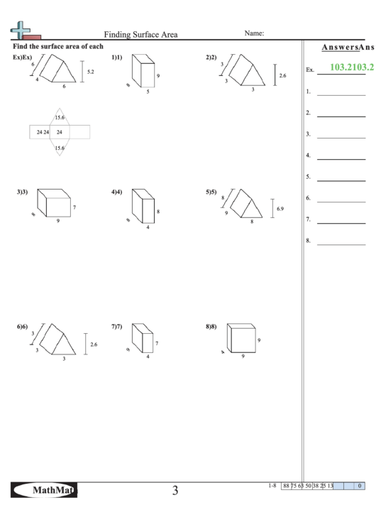 'Finding Surface Area' Geometry Worksheet With Answer Key printable pdf