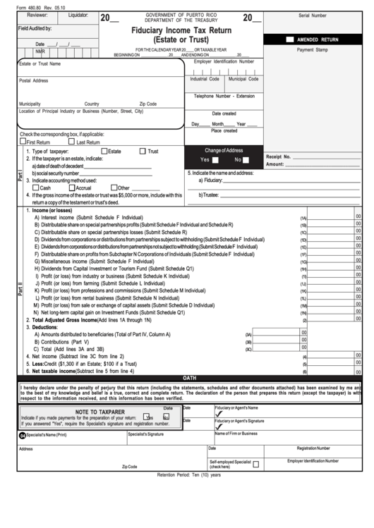 Form 480.80 - Fiduciary Income Tax Return (Estate Or Trust) Printable pdf