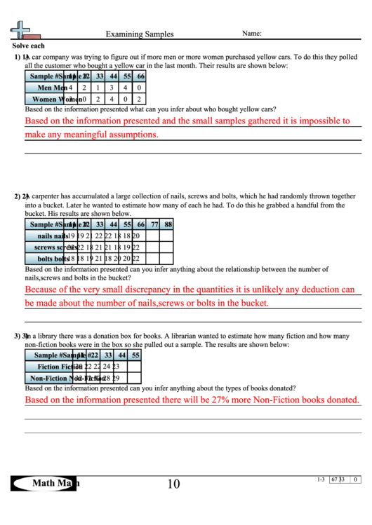 Examining Samples Worksheet With Answer Key Printable pdf