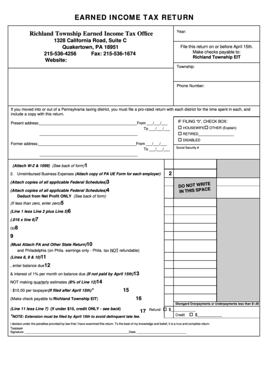 Earned Income Tax Return Form printable pdf download