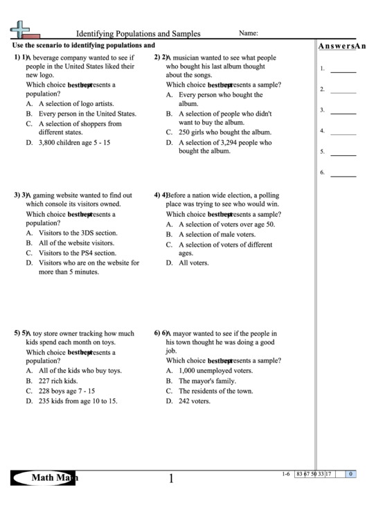 Identifying Populations And Samples Worksheets With Answer Key