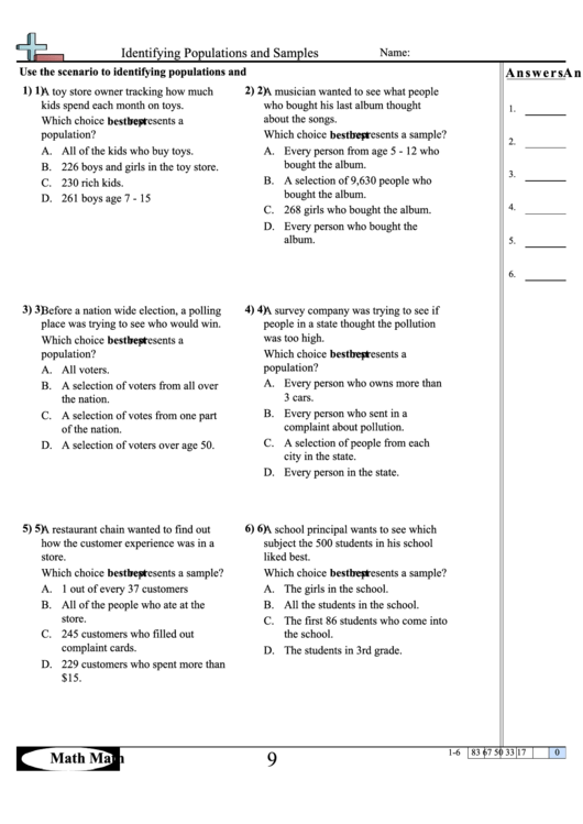 Identifying Populations And Samples Worksheet Printable pdf