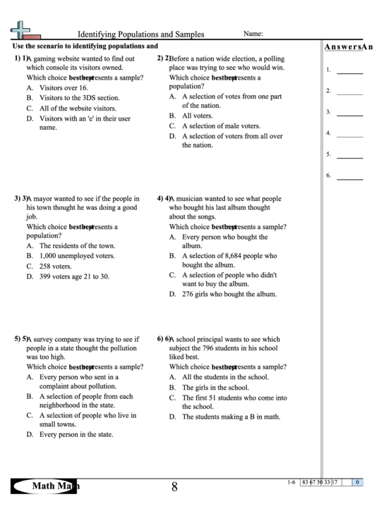 Identifying Populations And Samples Worksheet Printable pdf