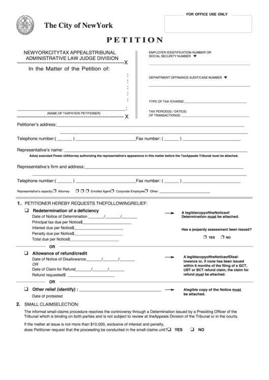 New York City Tax Appeals Tribunal Administrative Petition Form Printable pdf