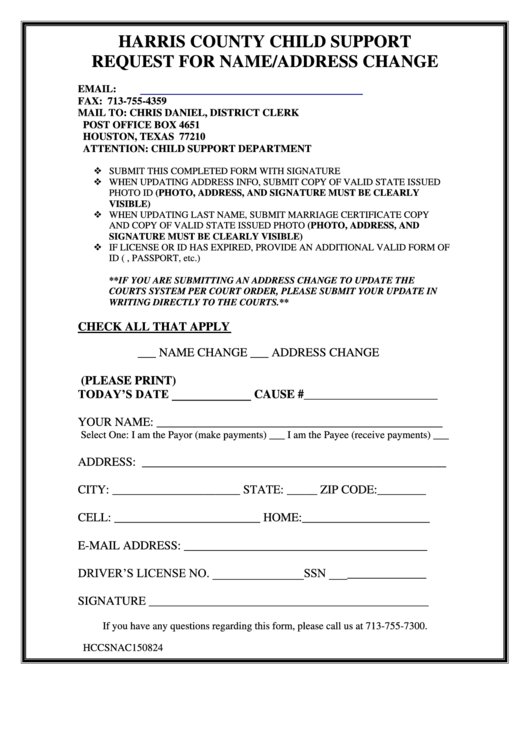 Fillable Form Hccsnac150824 - Request For Name/address Change Printable pdf