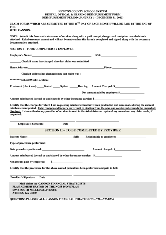 Dental, Optical & Hearing Reimbursement Form Printable pdf