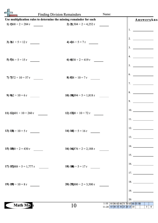 Finding Division Remainders Math Worksheet With Answer Key Printable pdf