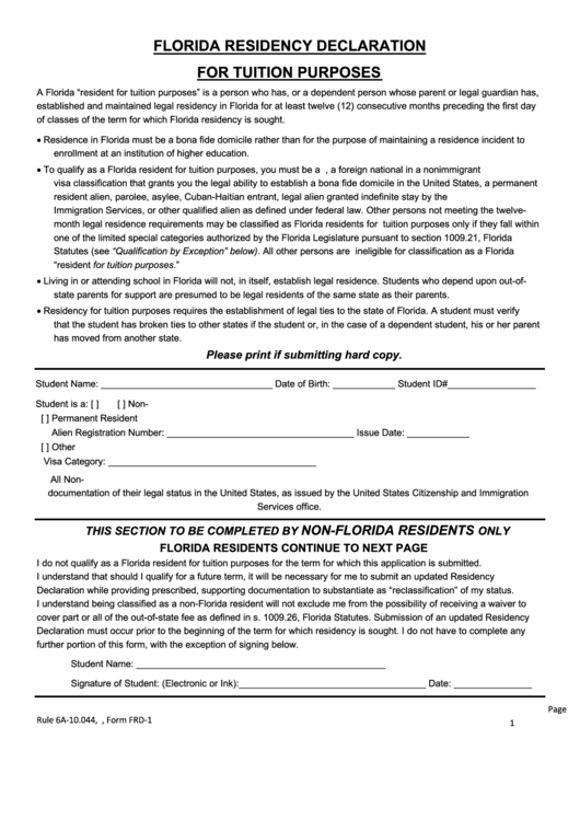 Form Frd 1 - Florida Residency Declaration For Tuition Purposes Form Printable pdf