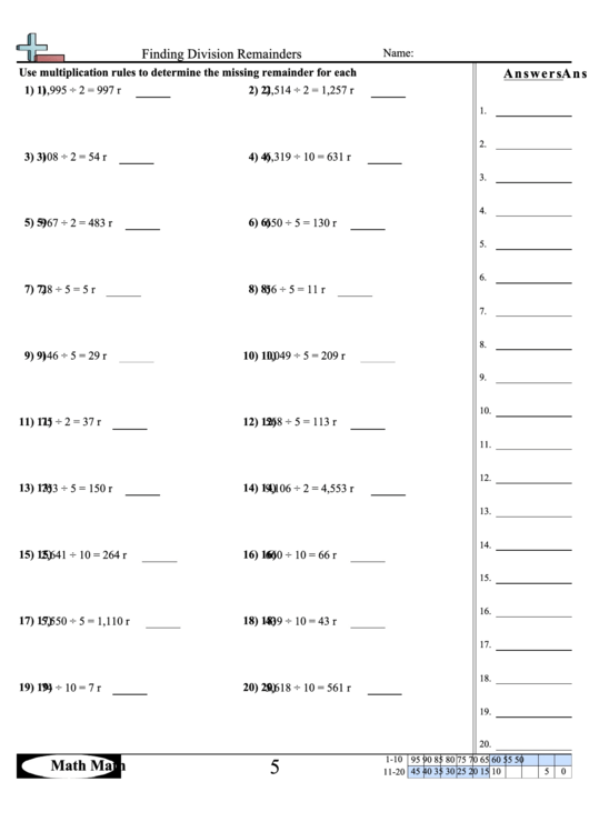 Finding Division Remainders Math Worksheet With Answer Key Printable pdf