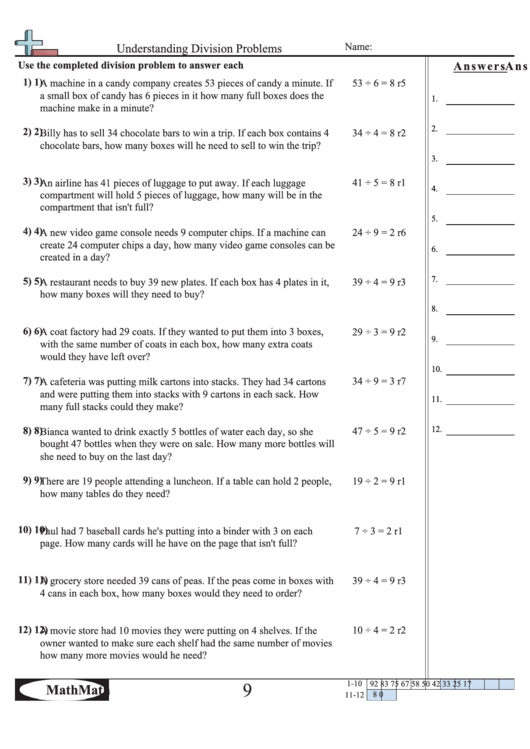 Understanding Division Problems Math Worksheet With Answer Key Printable pdf