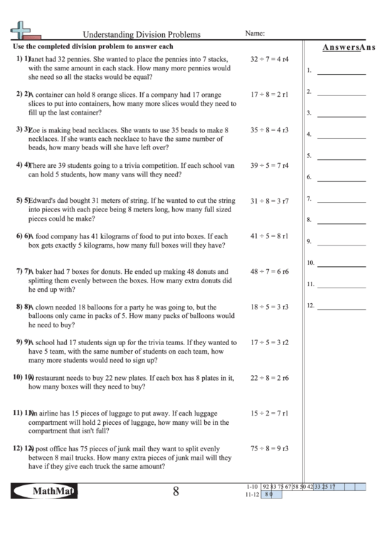 Understanding Division Problems Math Worksheet With Answer Key Printable pdf