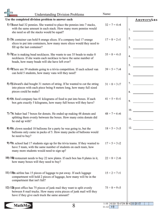 understanding division problems math worksheet with answer