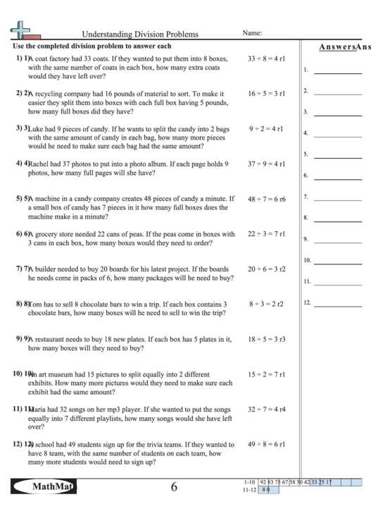 Understanding Division Problems Math Worksheet With Answer Key Printable pdf