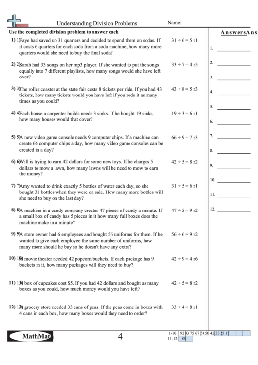 understanding division problems math worksheet with answer