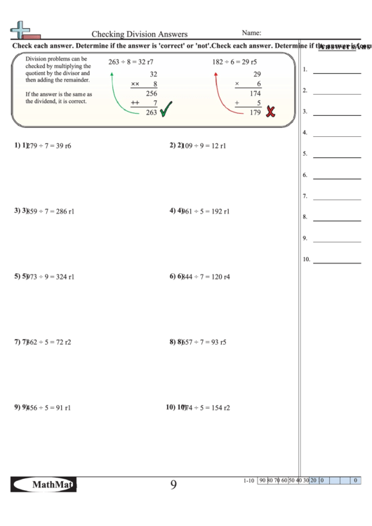 Checking Division Answers Math Worksheet With Answer Key Printable pdf