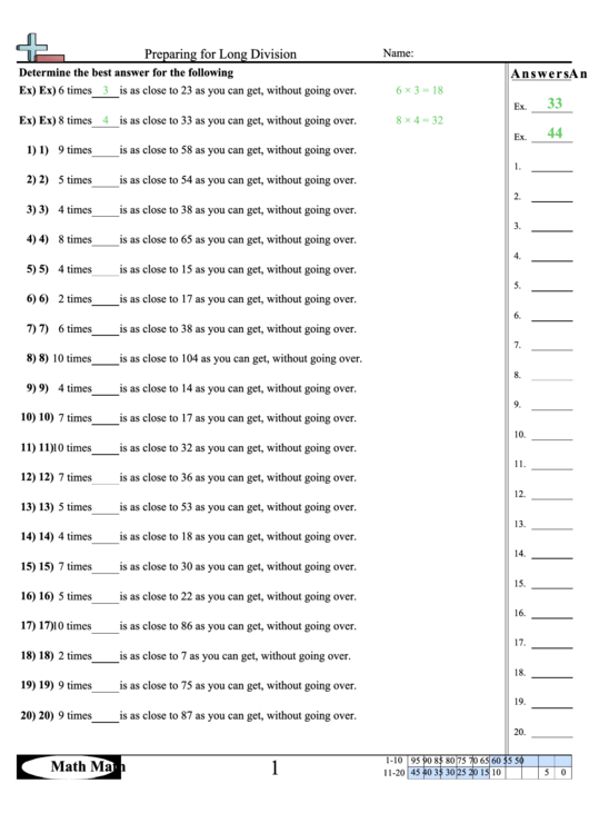 Preparing For Long Division Math Worksheet With Answer Key Printable pdf