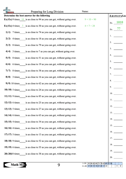 Preparing For Long Division Math Worksheet With Answer Key Printable pdf