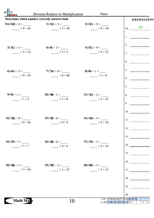 Division Relative To Multiplication Math Worksheet With Answer Key Printable pdf