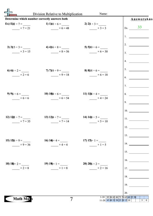 Division Relative To Multiplication Math Worksheet With Answer Key Printable pdf
