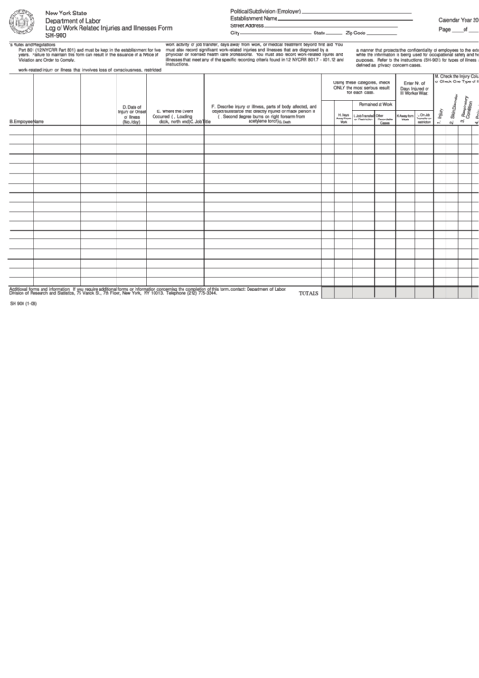 Fillable Form Sh-900 - Log Of Work Related Injuries And Illnesses - New York State Department Of Labor Printable pdf