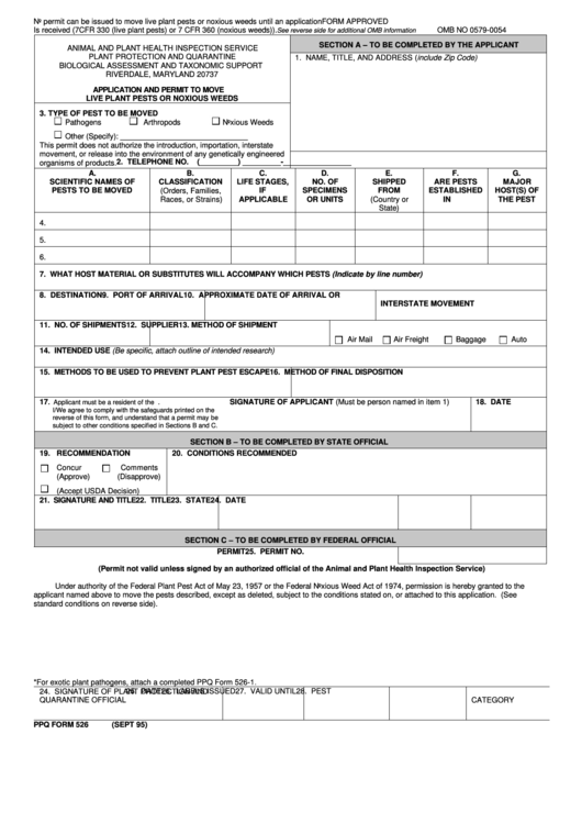 Fillable Ppq Form 526 Application And Permit To Move Live Plant Pests