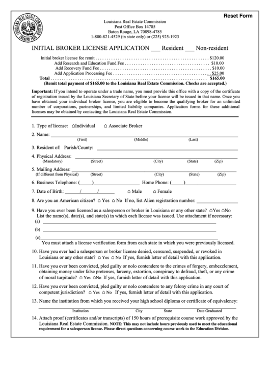 Initial Broker License Application Form - Louisiana Real Estate Commission Printable pdf
