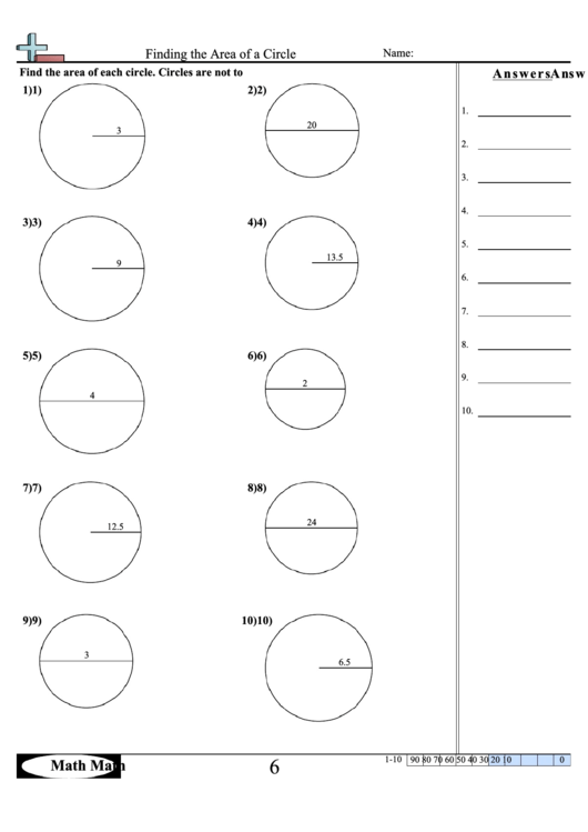 Finding The Area Of A Circle Math Worksheet With Answer Key Printable pdf