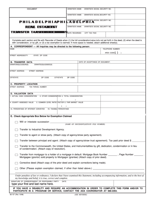 Fillable Form 82-127 - Philadelphia Real Estate Transfer Tax Certification 1998 Printable pdf