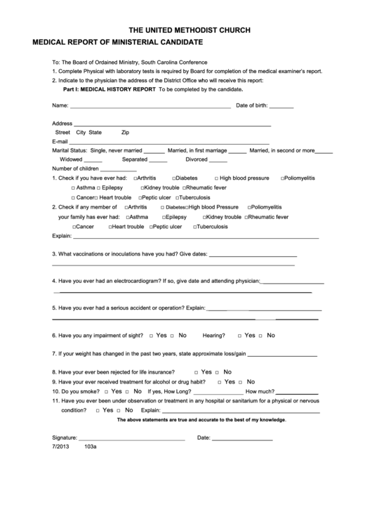 Fillable Form 103b - Medical Report Of Ministerial Candidate - The United Methodist Church Printable pdf