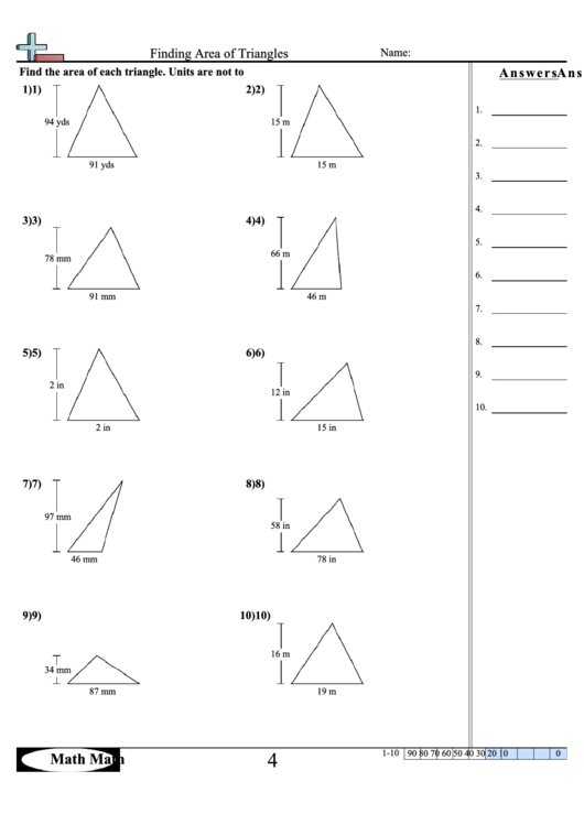 Finding Area Of Triangles Math Worksheet With Answer Key Printable pdf