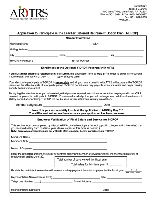 Form # 221- Application To Participate In The Teacher Deferred Retirement Option Plan Form Printable pdf