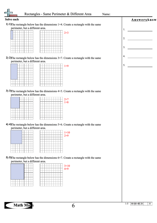 Rectangles - Same Perimeter & Different Area Math Worksheet With Answer Key Printable pdf