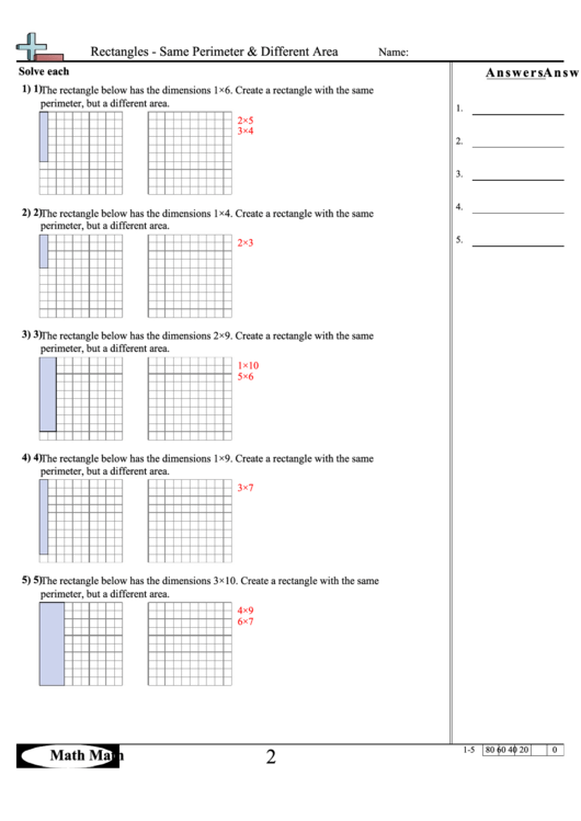 Rectangles - Same Perimeter & Different Area Math Worksheet With Answer Key Printable pdf