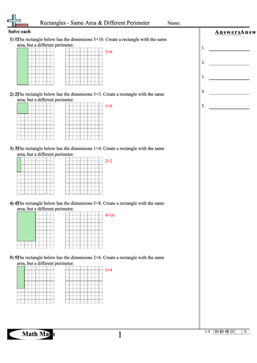 Rectangles - Same Area & Different Perimeter Math Worksheet With Answer Key Printable pdf