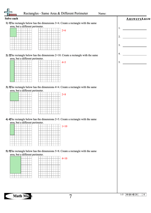 Rectangles - Same Area & Different Perimeter Math Worksheet With Answer Key Printable pdf