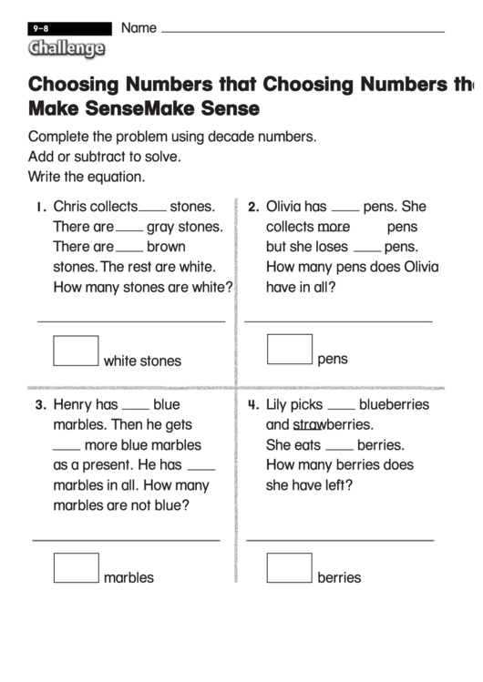 Choosing Numbers That Make Sense - Challenge Math Worksheet With Answer Key Printable pdf