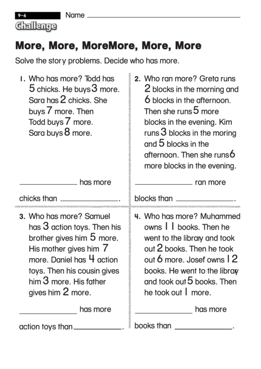 More, More, More - Challenge Math Worksheet With Answer Key Printable pdf