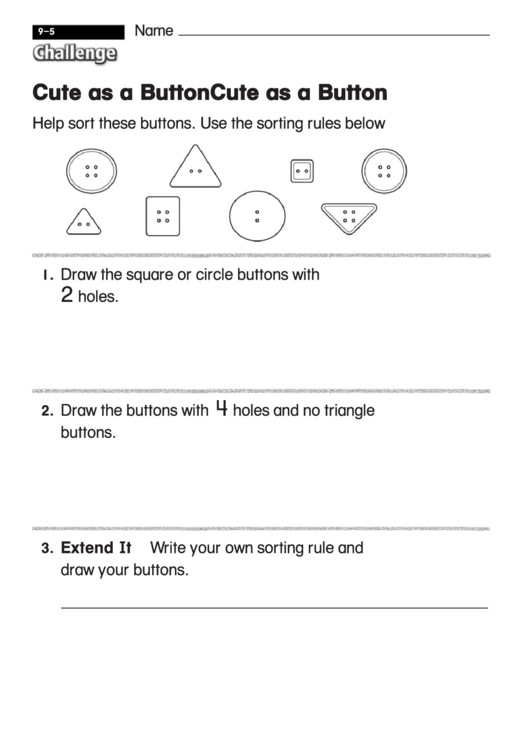 Cute As A Button - Challenge Math Worksheet With Answer Key Printable pdf