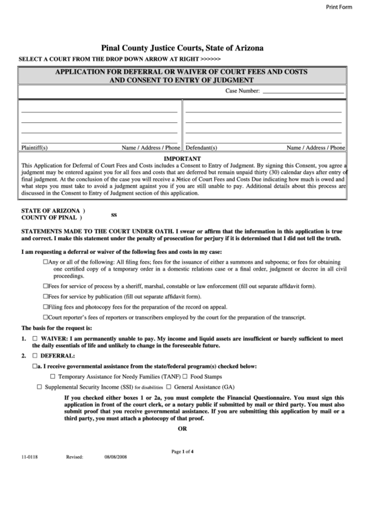 Fillable Application For Deferral Or Waiver Of Court Fees And Costs And Consent To Entry Of Judgment Printable pdf