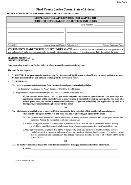 Fillable Supplemental Application For Waiver Or Further Deferral Of Court Fees And Costs Printable pdf