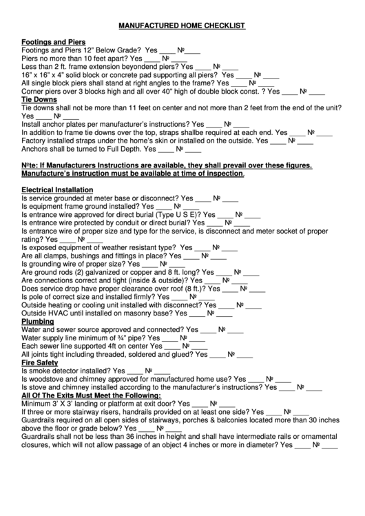 Manufactured Home Checklist Form Printable pdf