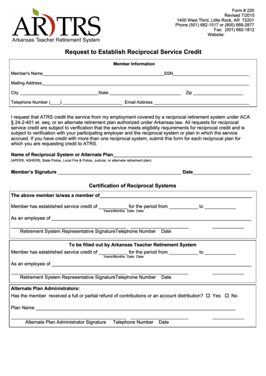 Form # 220 -Request To Establish Reciprocal Service Credit Printable pdf
