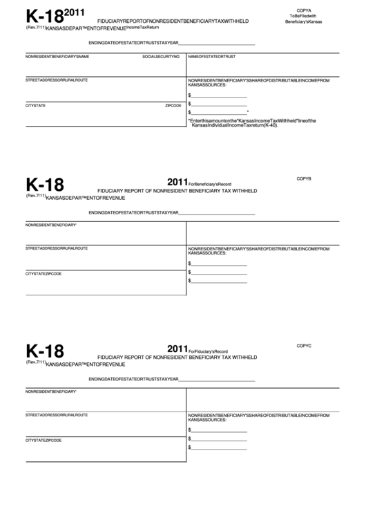 Form K-18- Report Of Nonresident Beneficiary Tax Withheld Printable pdf