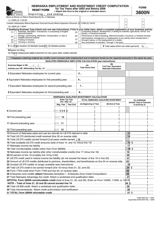 Fillable Form 3800n - Nebraska Employment And Investment Credit Computation Printable pdf