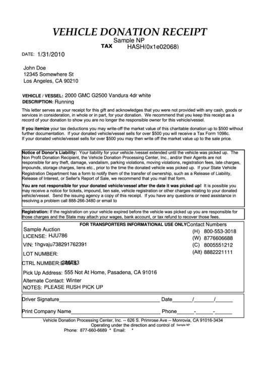 Vehicle Donation Receipt Form Printable pdf