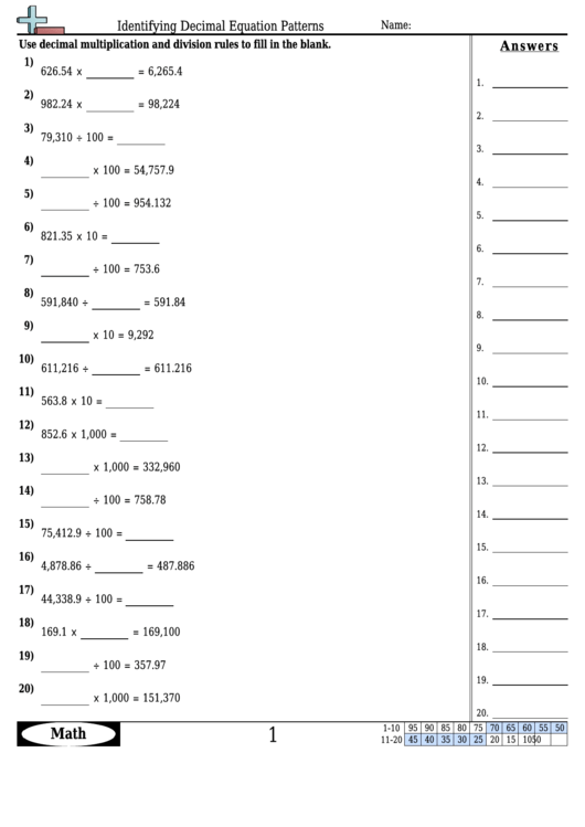 Identifying Decimal Equation Patterns Worksheet With Answer Key Printable pdf