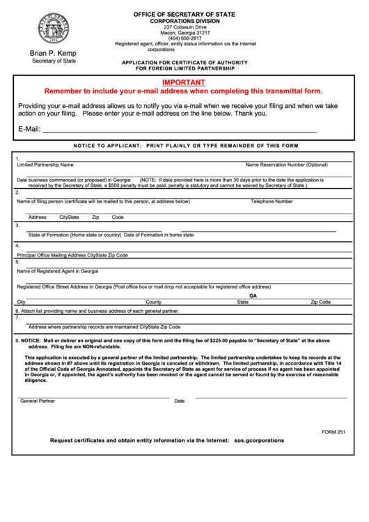 Fillable Form 251 - Application For Certificate Of Authority For Foreign Limited Partnership Printable pdf