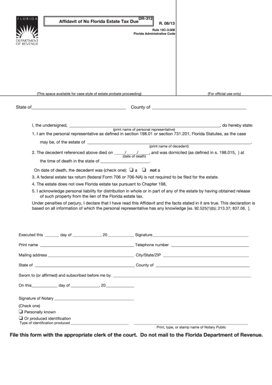 Form Dr-312 - Affidavit Of No Florida Estate Tax Due - 2013 Printable pdf