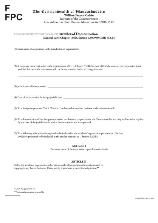 Fillable Form Ffpc - Articles Of Domestication Printable pdf